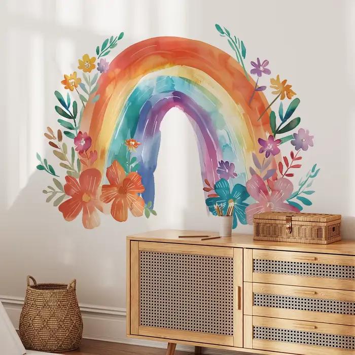 Autocollant mural arc-en-ciel avec feuilles et fleurs colorées
