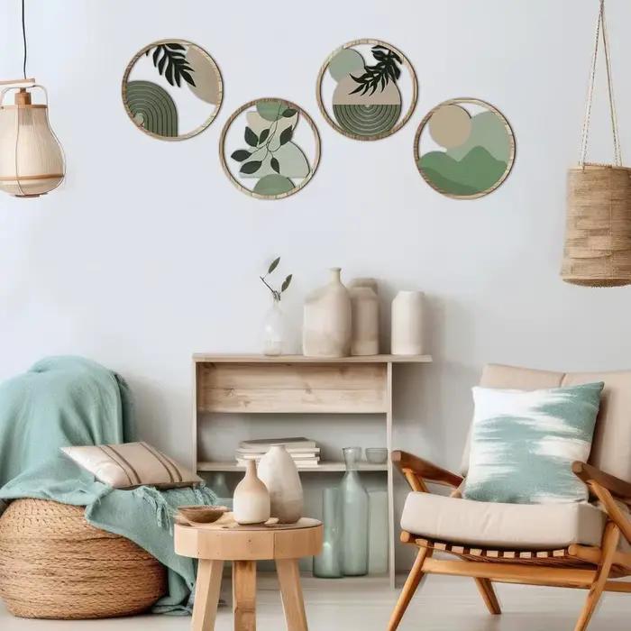 4 Pièces Décoration Murale Ronde en Bois Style Bohème, Cercle Creux Bohème, Décoration Murale Minimaliste Neutre, Panneau Mural Suspendu Style Ferme