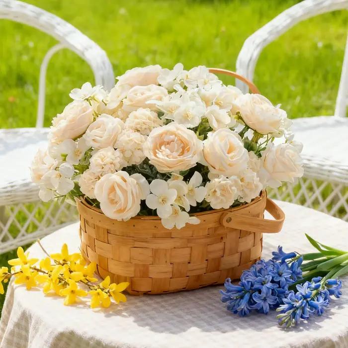 Bouquet de fleurs artificielles en soie (rose, pivoine, hortensia, œillet) avec vase pour la décoration de la maison, des fêtes, du bureau, des mariages, des chambres et comme accessoires de bricolage
