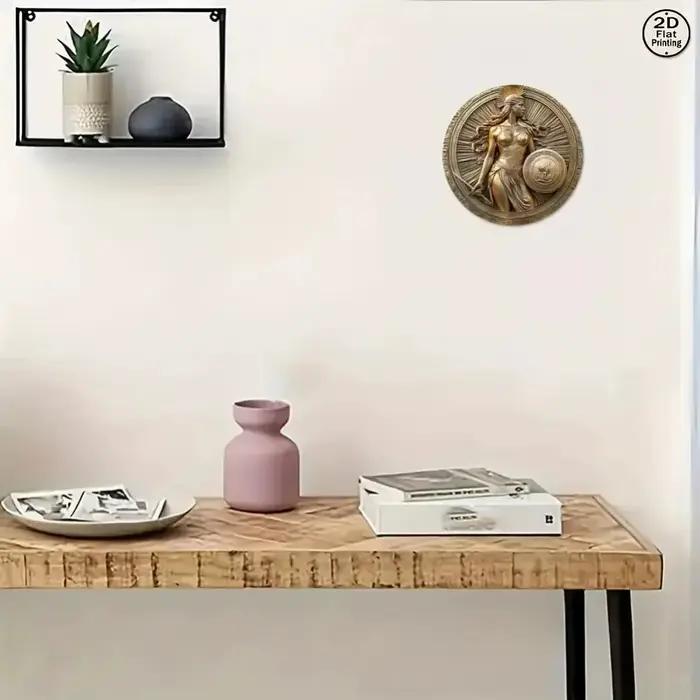 Art mural rétro déesse grecque Athéna - Plaque en aluminium plate 2D avec décor épée et bouclier