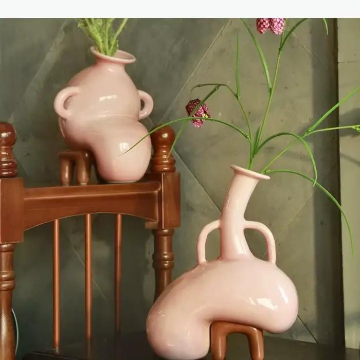 Vase en céramique d'art abstrait, décoration de table, fleurs artificielles, arrangement de fleurs décoratives, vases floraux, décoration esthétique de la pièce