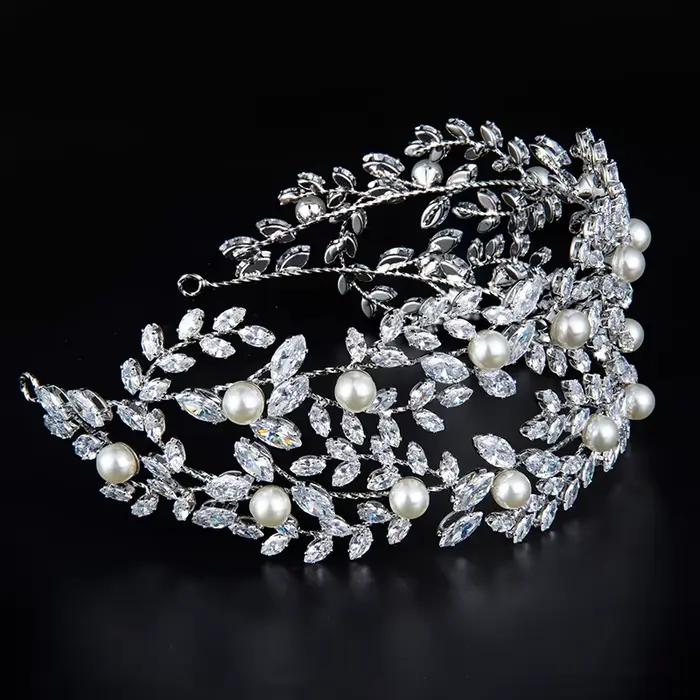 Accessoires pour cheveux de mariage, bandeau de mariée, diadèmes en cristal CZ, perles, diadèmes et couronnes de mariée élégantes, couvre-chef pour fête d'anniversaire pour femmes