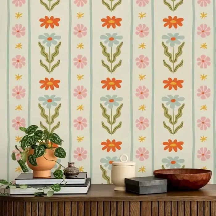 Papier peint à rayures florales colorées de luxe