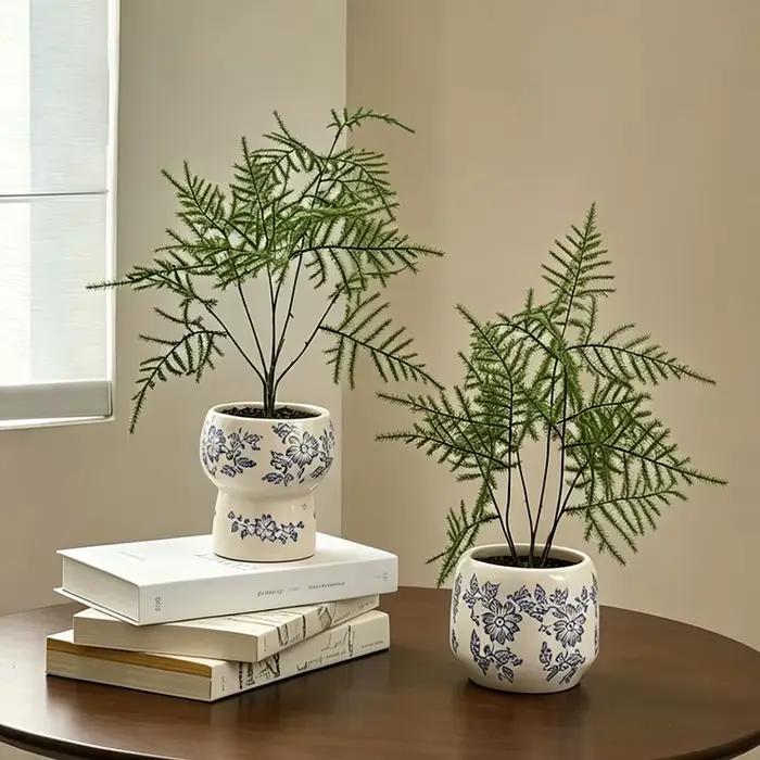 Pot de fleurs en céramique rétro style Zen avec fougère asperge artificielle pour la décoration apaisante de la maison