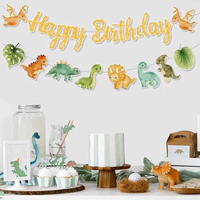 Guirlande de joyeux anniversaire de dinosaure, bannière rugueuse, ballons de fête, animaux de la Jungle, Safari, fournitures de décoration pour fête d'anniversaire pour enfants de 1er