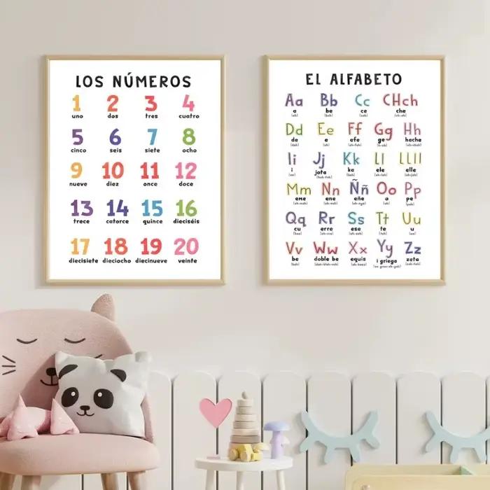 Affiches éducatives d'art mural avec chiffres et météo de l'alphabet espagnol