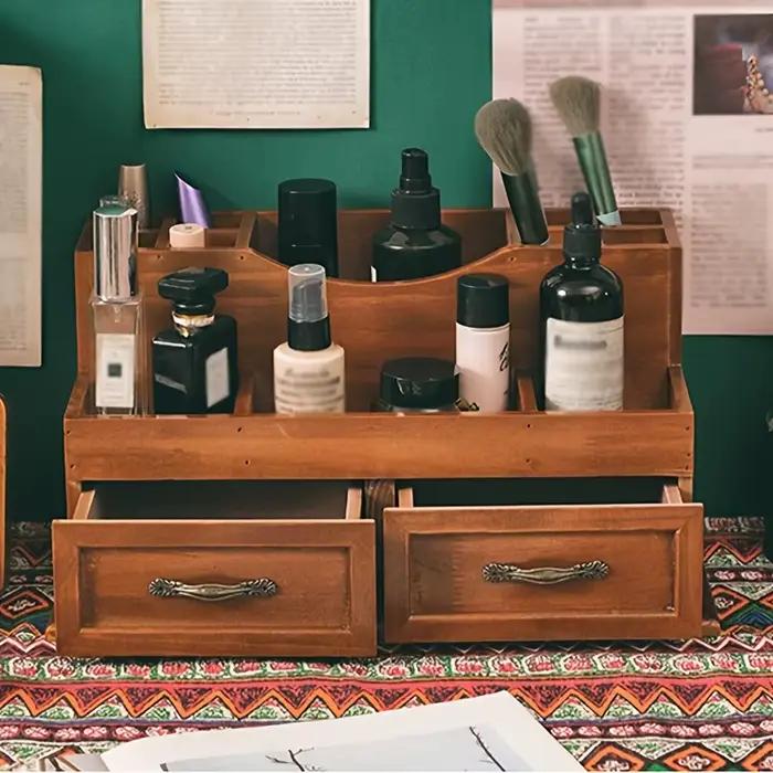 Organisateur de bureau en bois d'inspiration vintage – Vieurs compartiments pour cosmétiques et fournitures