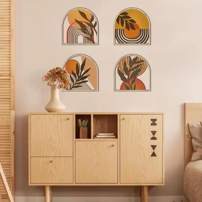 4 Pièces Décoration Murale Ronde en Bois Style Bohème, Cercle Creux Bohème, Décoration Murale Minimaliste Neutre, Panneau Mural Suspendu Style Ferme