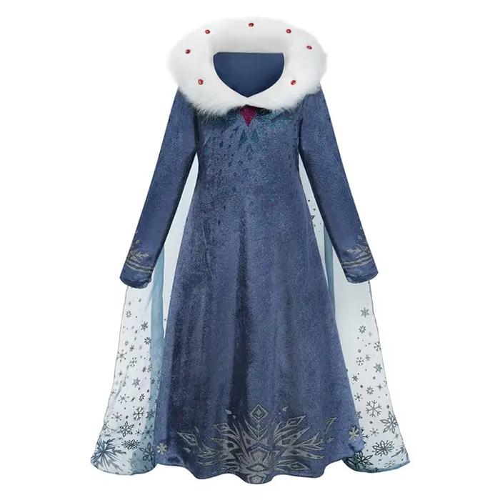 Costume de reine Elsa pour filles, robe en velours avec Cape détachable, col en fausse fourrure, tenue luxueuse de fête d'anniversaire et d'halloween la reine des neiges