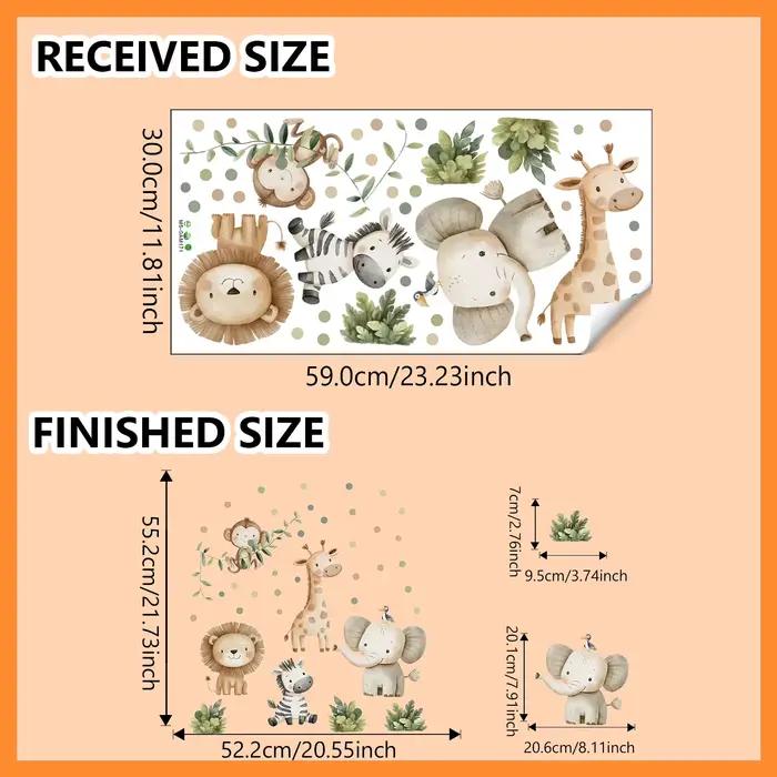 Autocollant mural en vinyle style bohème aquarelle jungle avec animaux sauvages - Lion, girafe, éléphant, zèbre et feuillage vert pour la décoration intérieure