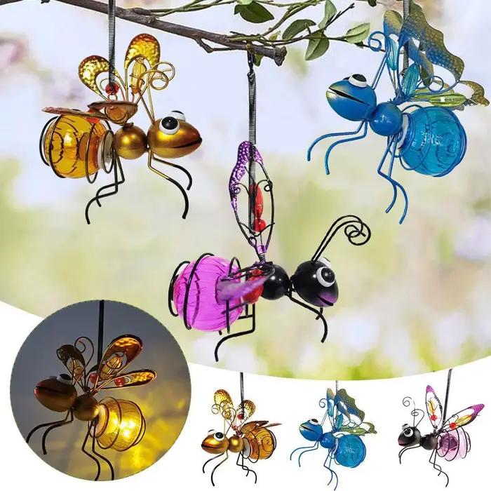 Statue d'insecte en fer solaire avec guirlande lumineuse LED