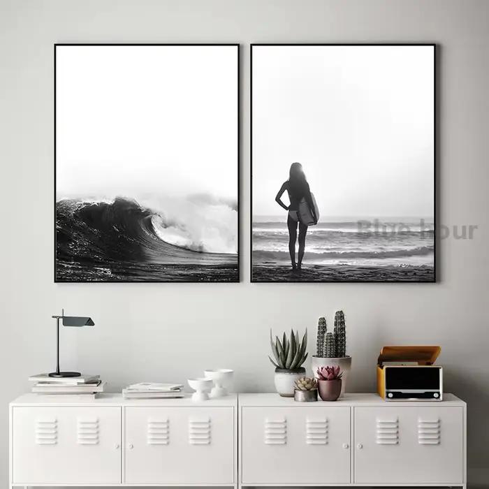 Affiche de photographie de paysage de plage de palmier noir et blanc