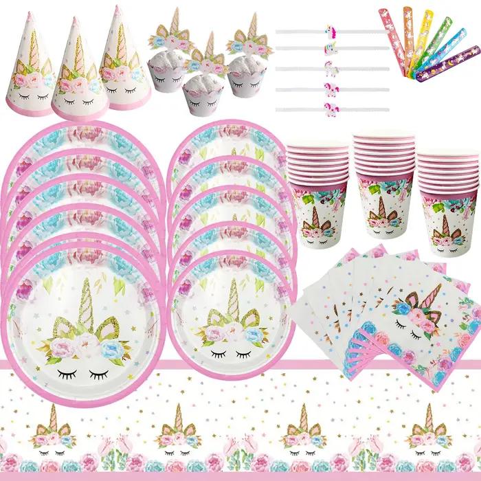 Vaisselle jetable licorne pour fête d'anniversaire, assiettes en papier licorne rose, gobelets, serviettes, décoration de fête d'anniversaire pour fête prénatale pour filles