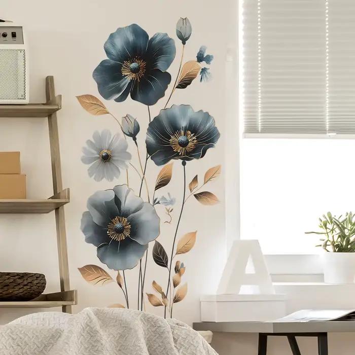 Autocollants muraux en vinyle aquarelle fleur bleue