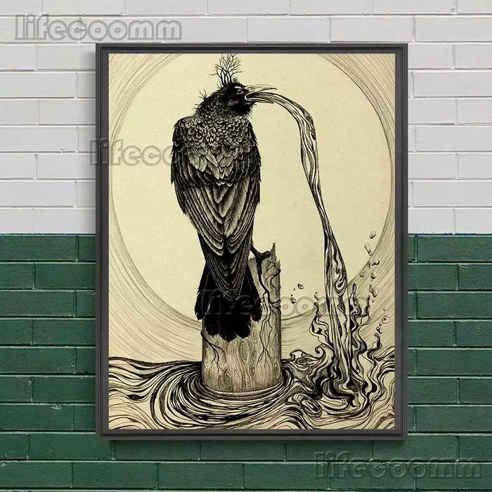 Toile d'art mural vintage corbeau à racines au sol peinture abstraite avec branches et fleurs décoration de maison imprimée sans cadre style abstrait modernes occasions spéciales
