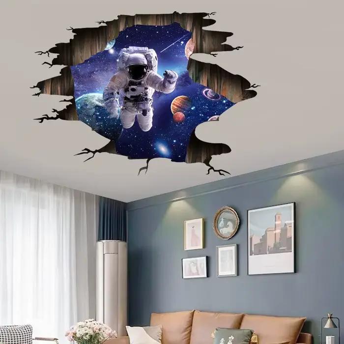 Stickers muraux 3D en vinyle motif astronaute spatial et planètes étoilées décoration intérieure pour chambres esthétiques et plafonds occasion spéciale chambre à coucher salon bureau