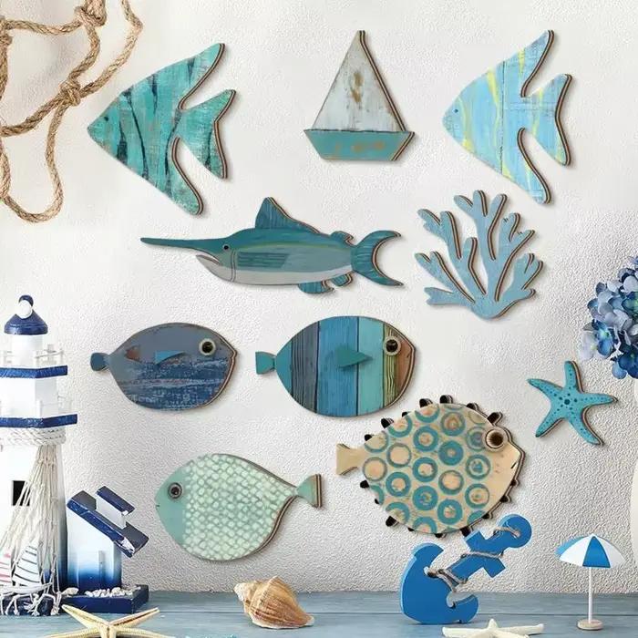 Lot de 10 décorations murales en bois en forme de poisson