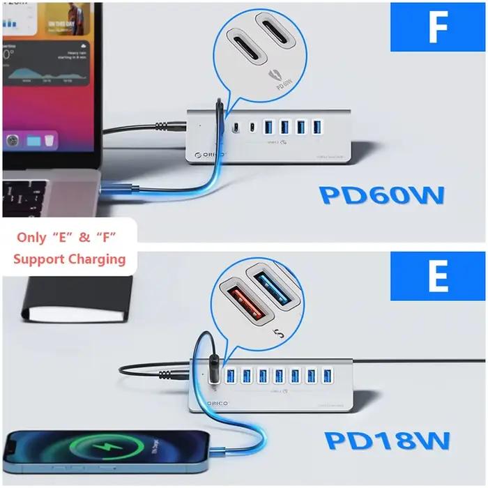 ORICO 10Gbps USB 3.2 Station d'accueil Hub Type C séparateur PD60W adaptateur de charge Multi 4/7 Ports commutateur pour PC accessoires d'ordinateur portable