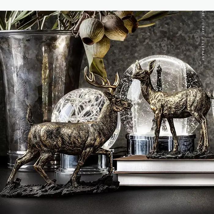 Statue de cerf dorée rétro, décoration de bureau, artisanat créatif, ornements de cerf, œuvre d'art, sculpture en résine animale, décoration esthétique de la pièce