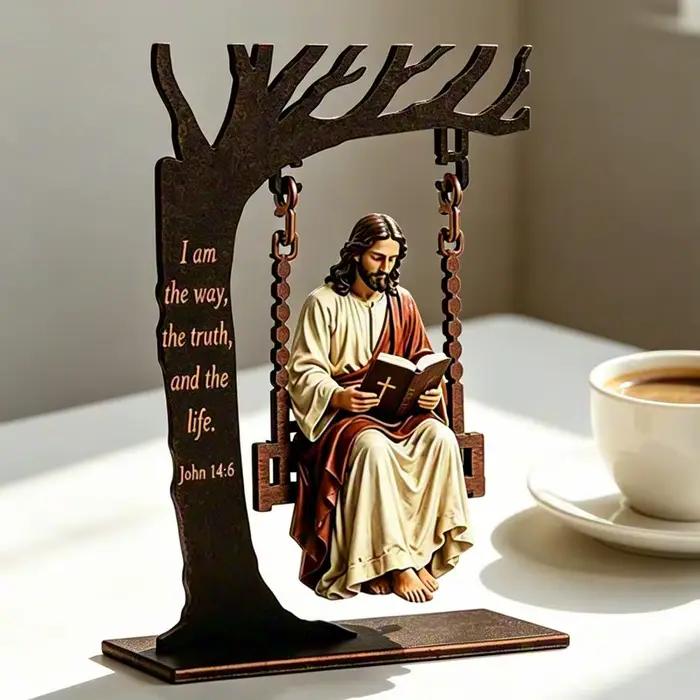 Statue en résine Jésus sur balançoire, figurine religieuse chrétienne, Jésus lisant la Bible, décoration de bureau et de maison chrétienne