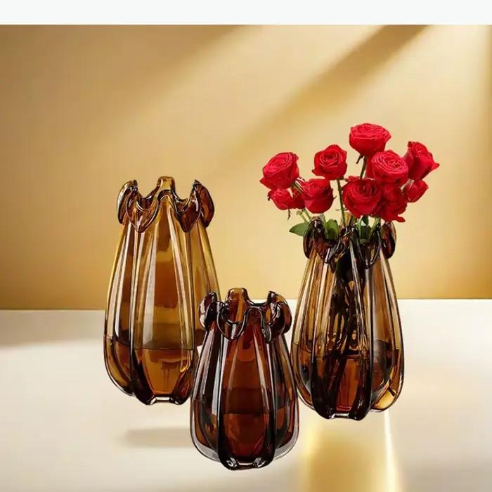 Vase en verre cristal ambré, vases hydroponiques, arrangement floral, ornement, récipient à fleurs, vase pour fleurs séchées, vases décoratifs, artisanat