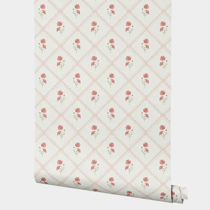 Papier peint à fleurs roses avec treillis de diamant