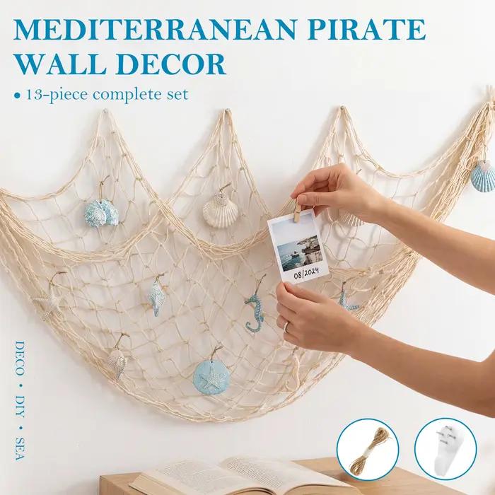 Décoration murale en filet de pêche naturel avec coquillages, thème plage, pour fêtes, chambre familiale, intérieur détendu, ambiance côtière, style méditerranéen, ornements marins