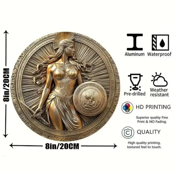 Art mural rétro déesse grecque Athéna - Plaque en aluminium plate 2D avec décor épée et bouclier
