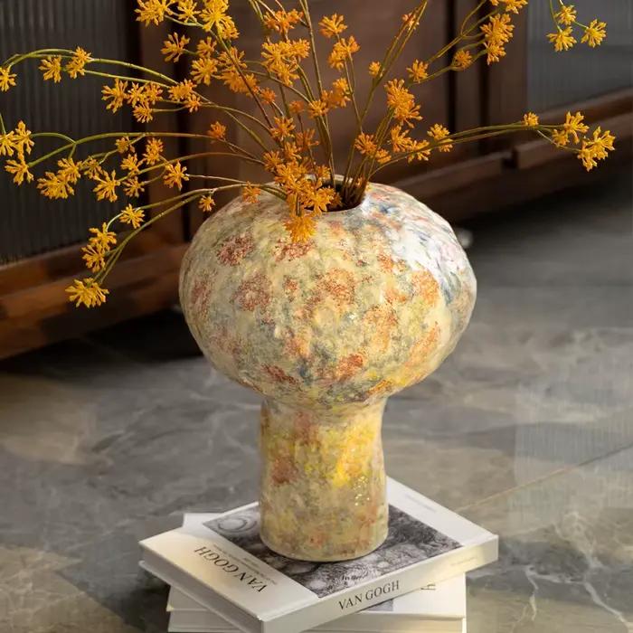 Vase en céramique fait main motifs colorés irréguliers vase à fleurs bouteille vintage accessoire arrangement floral décoration intérieure moderne occasionnels