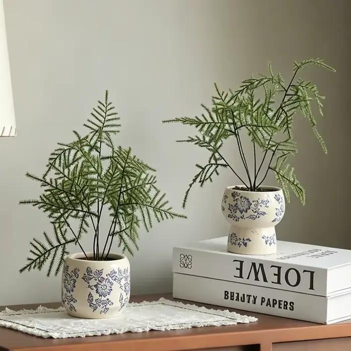 Pot de fleurs en céramique rétro style Zen avec fougère asperge artificielle pour la décoration apaisante de la maison