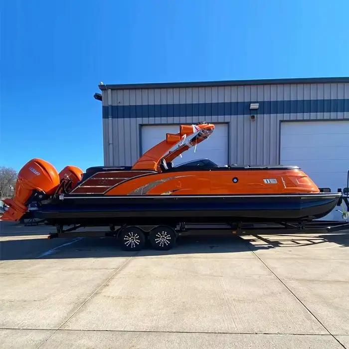 Bateau ponton de luxe personnalisé pour fêtes, avec moteur hors-bord, coque en fibre de verre, bateau flottant pour les entreprises