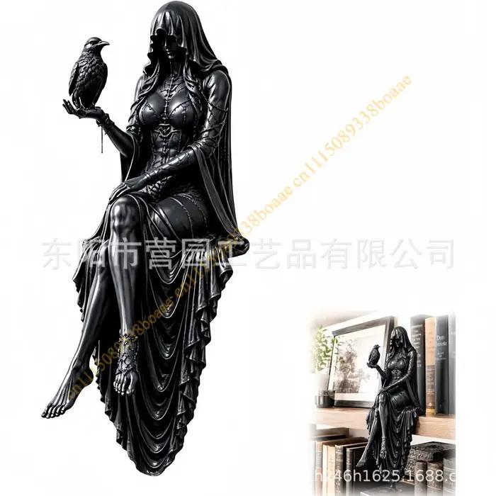 Statue Gothique Dame Sans Visage Corbeau en Résine Noire