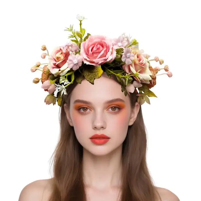 Accessoires pour cheveux hawaïens, couvre-chef de mariage léger, bandeau de fleurs de roses artificielles, couronne de fleurs de roses délicates pour mariage