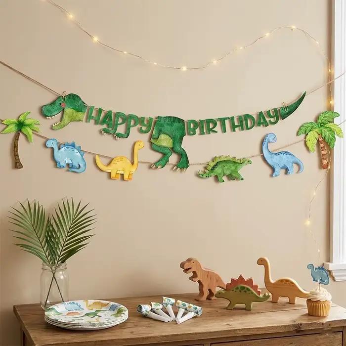 Bannière Joyeux Anniversaire Dinosaure, Guirlande Dino Aquarelle, Décoration de Fête Jungle Safari, Bannière pour Enfants Garçons Filles, Fournitures de Baby Shower