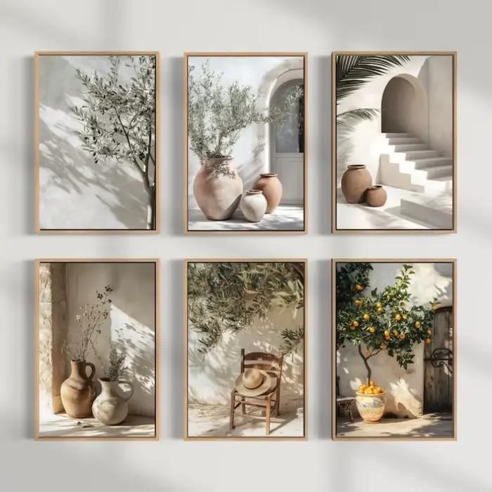 Lot de 6 tableaux sur toile : Oliviers et citronniers méditerranéens – Affiches murales décoratives neutres pour salon moderne et décoration intérieure