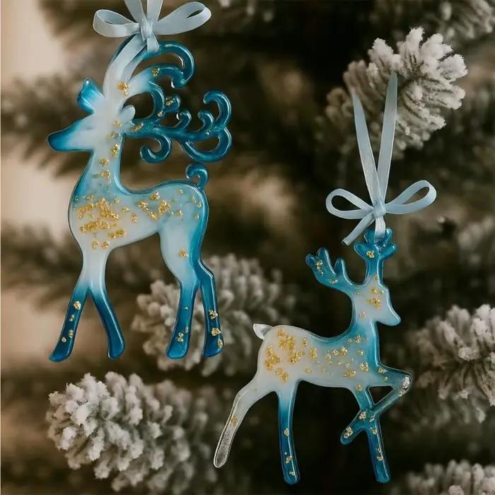 Ornements noël en résine: décor vacances bleu or, décorations noël, flocons neige renne, suspension d'arbre