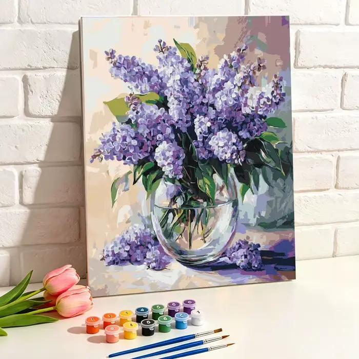 Peinture par numéros pour adultes : Vase en verre avec lilas – Kit de coloriage DIY