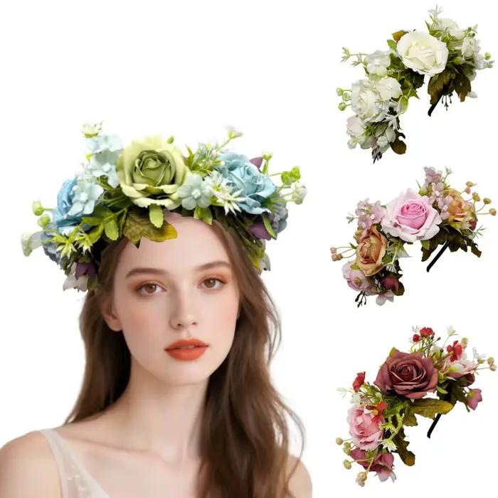 Accessoires pour cheveux hawaïens, couvre-chef de mariage léger, bandeau de fleurs de roses artificielles, couronne de fleurs de roses délicates pour mariage