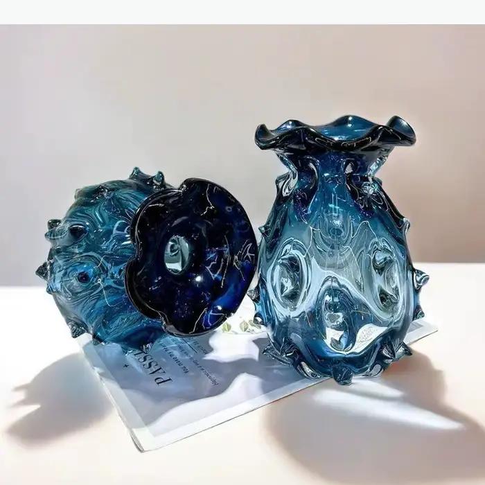 Vase en verre bleu à ondulations, accessoires pour arrangements floraux, hydroponie, terrarium, pot de fleurs, accessoires de décoration intérieure