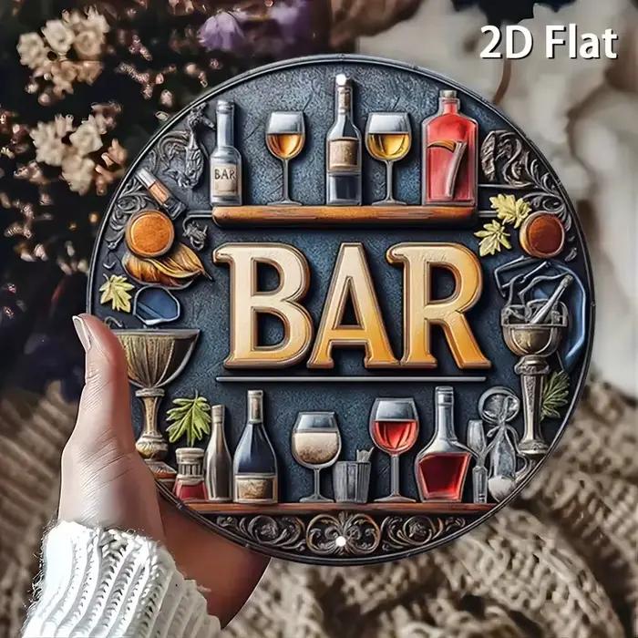 Peinture sur planche de bois haute définition, enseigne de bar vintage, art mural rond, plaque décorative rétro avec bouteille de liqueur et verre à vin, 2D F