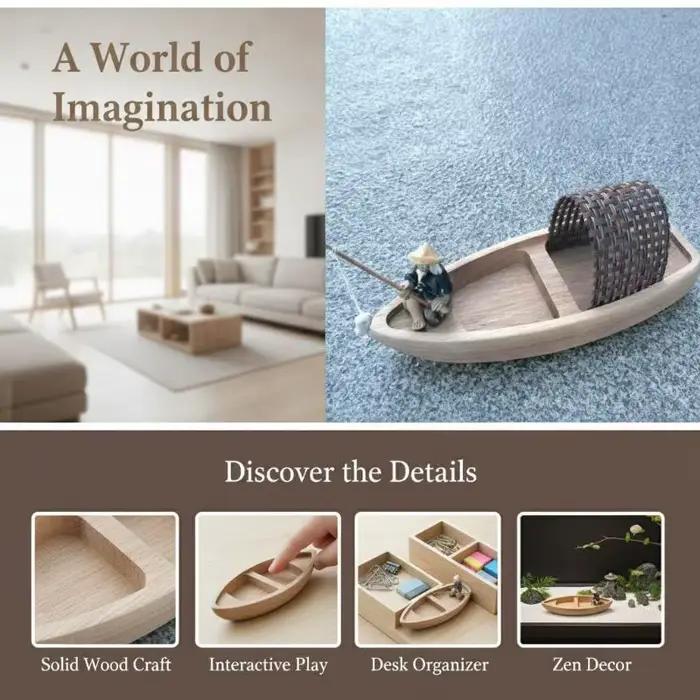 Modèle de bateau en bois paysage marin, mini-canot vintage, bateau de pêche décoratif, ornement rustique fait main pour la décoration de table de chambre