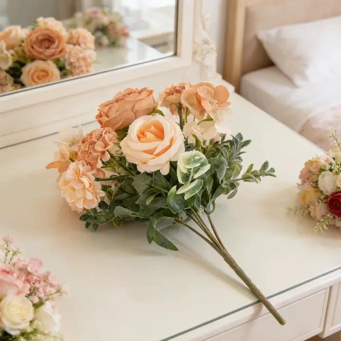 Bouquet de fleurs artificielles en soie (rose, pivoine, hortensia, œillet) avec vase pour la décoration de la maison, des fêtes, du bureau, des mariages, des chambres et comme accessoires de bricolage