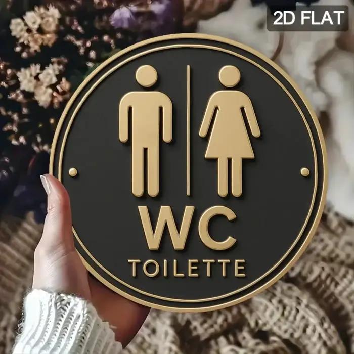 Panneau de toilettes allemand rond moderne, art mural 2D en métal plat pour porte de salle de bain