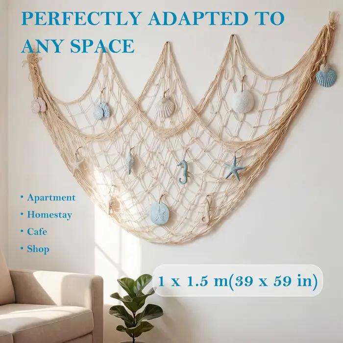 Décoration murale en filet de pêche naturel avec coquillages, thème plage, pour fêtes, chambre familiale, intérieur détendu, ambiance côtière, style méditerranéen, ornements marins