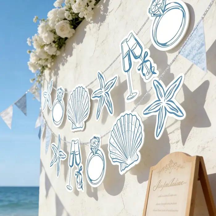 Bannière 'Last Toast on the Coast' pour décoration de plage, de fête nuptiale et de enterrement de vie de jeune fille, 30 pieds de cordon, double face, décor coquillages et verres à champagne