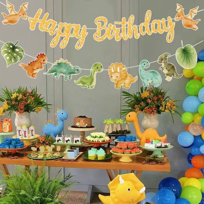 Guirlande de joyeux anniversaire de dinosaure, bannière rugueuse, ballons de fête, animaux de la Jungle, Safari, fournitures de décoration pour fête d'anniversaire pour enfants de 1er