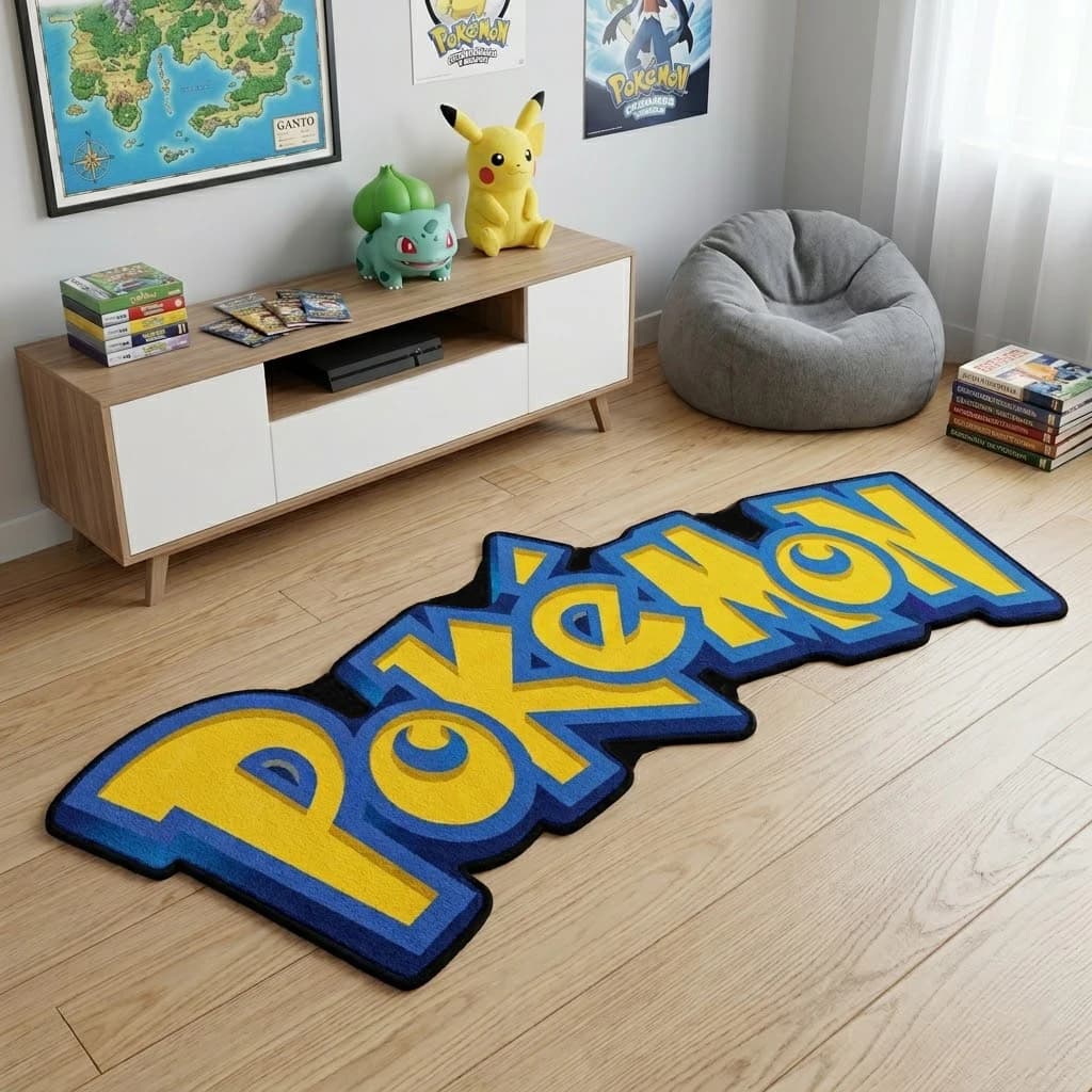 Tapis en forme irrégulière avec logo Anime Pokemon, tapis bleu moelleux, antidérapant, pour chambre 