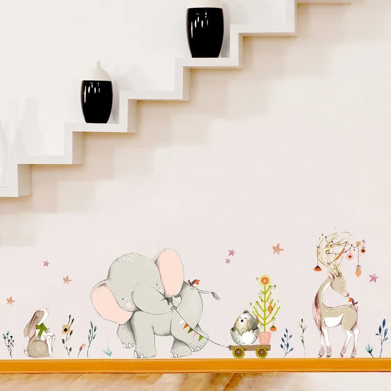 Autocollants muraux joyeux bébé éléphant lapin, décoration murale pour chambre d'enfants, animaux de