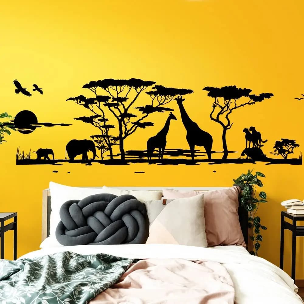 Grand autocollant mural arbre animaux savane afrique, pour salon, chambre à coucher, girafe, oiseau,