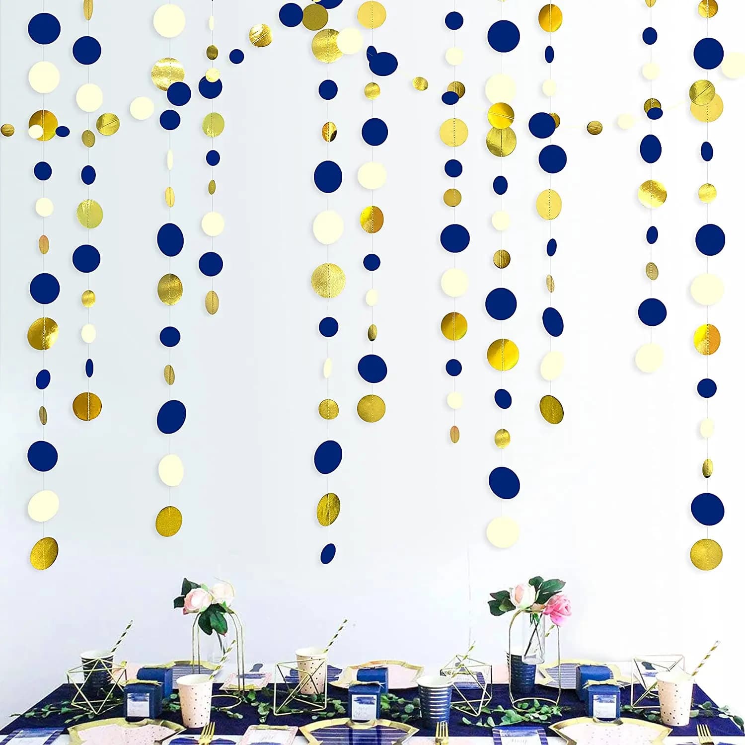 Guirlande de points circulaires en papier bleu marine, or Beige, 11 pieds, banderole suspendue à poi